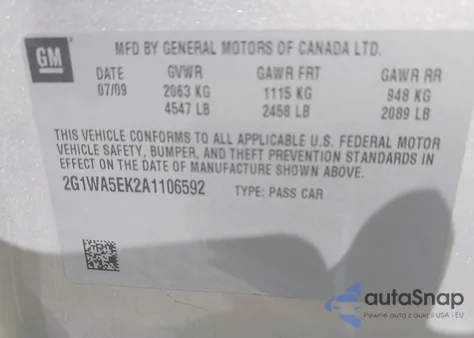 2010 Chevrolet Impala Ls z USA, uszkodzony, nr VIN 2G1WA5EK2A1106592